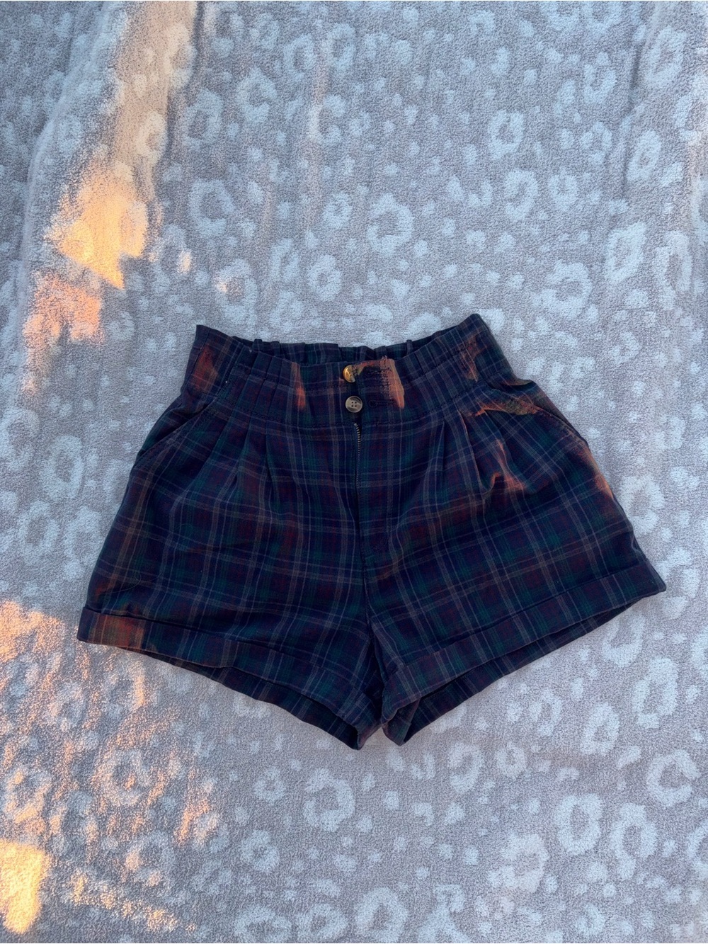 American Eagle Outfitters Plaid High-Waist Shorts - Navy & Green